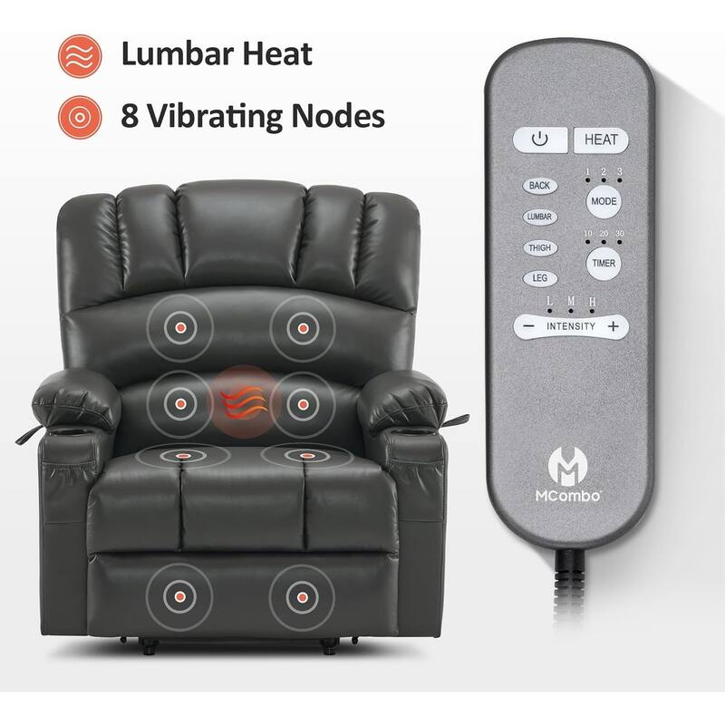 MCombo Large Power Lift Recliner Chair with Massage and Heat, Cup Holders, Side Pockets, Faux Leather R7092 (Large-Wide)