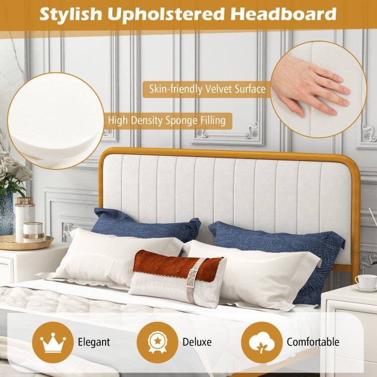 Upholstered Gold Platform Bed Frame with Velvet Headboard