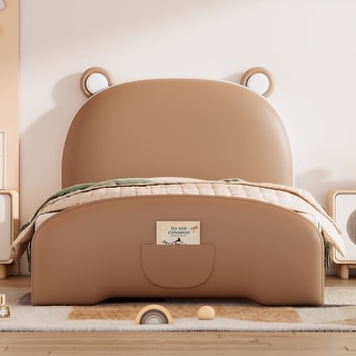 Twin Size Upholstered Platform Bed with Bear-Shaped Headboard and Footboard, Storage Pocket Design