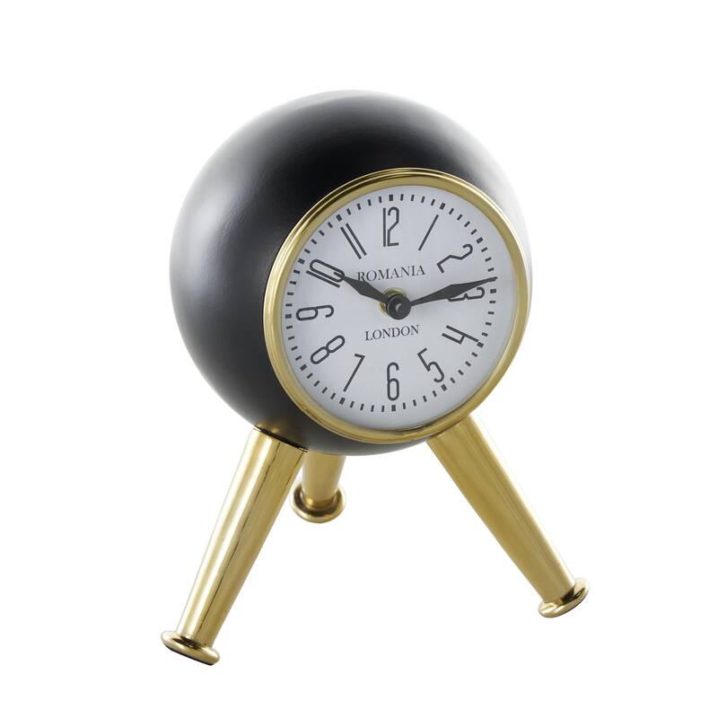 Aluminum Metal Orb Decorative Clock with White or Black Clockface and Gold Tripod Legs - Black or Silver - Roche River Decor - Black
