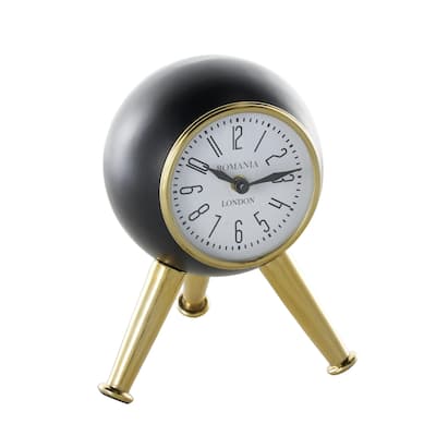 Aluminum Metal Orb Decorative Clock with White or Black Clockface and Gold Tripod Legs - Black or Silver - Roche River Decor