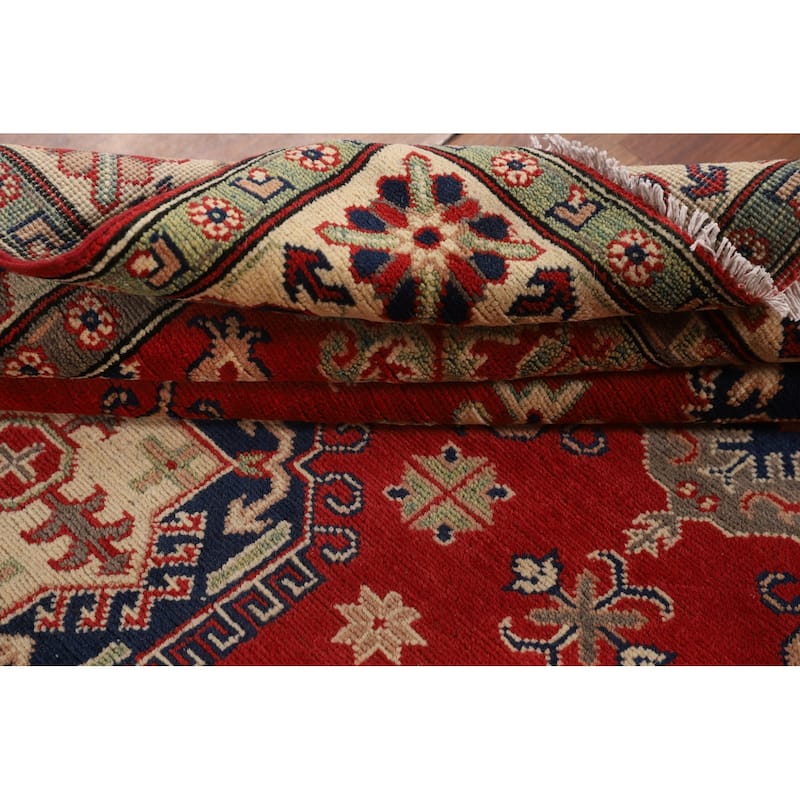 Geometric Red Kazak Oriental Rug Hand-Knotted Living Room Wool Carpet - 5'0" x 6'8"