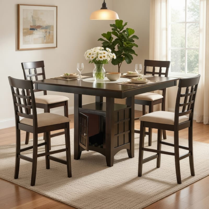 Uric Counter Height Dining Table w Wine Storage, 4 Lattice Chairs, Brown