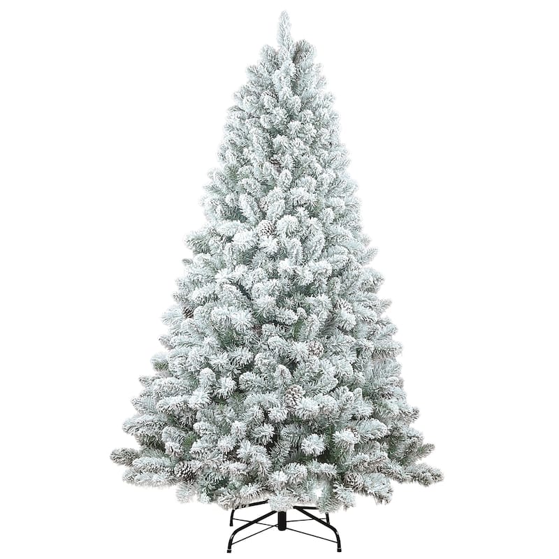 4FT Flocked Christmas Tree with Pine Cones-Snowy PVC Artificial Tree, 366 Branch Tips, 21 Natural Pinecones, Sturdy Metal Stand