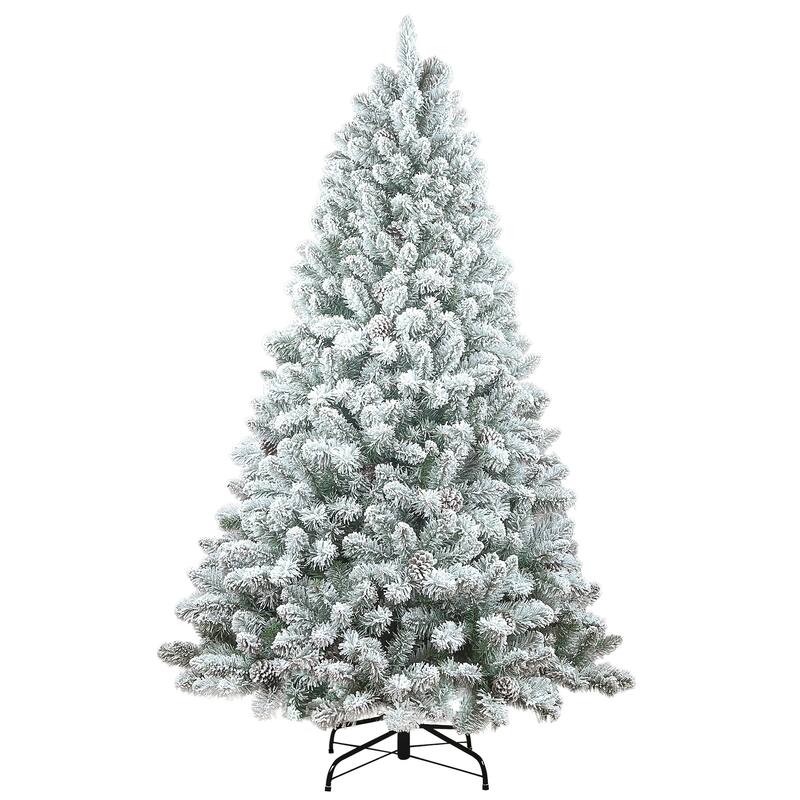 7FT Flocked Christmas Tree with Pine Cones - Snowy PVC Artificial Holiday Tree, 1124 Tips, 45 Natural Pinecones, Metal Stand
