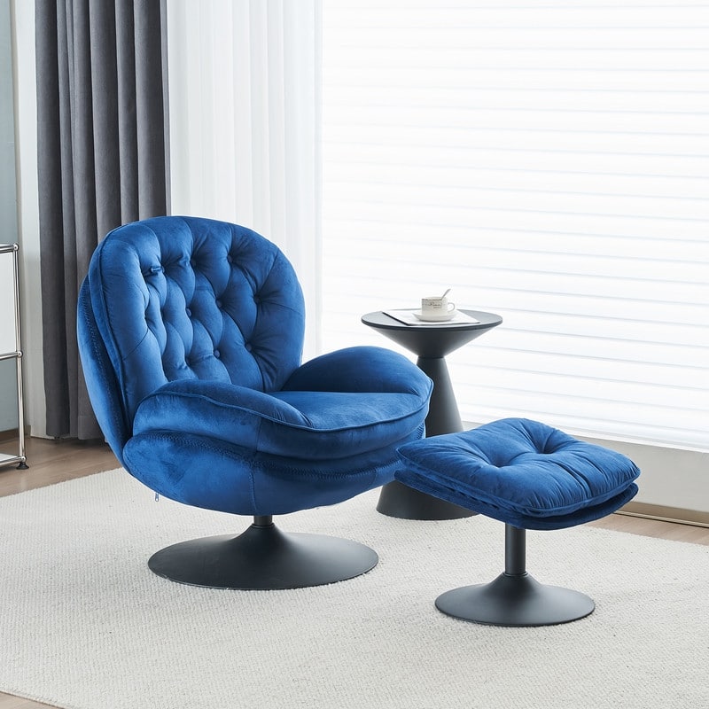 Velvet Swivel Accent Chair with Ottoman Round Reading Accent Chair Foot Stool Ottoman Set,360 Swivel,Metal Frame - Blue