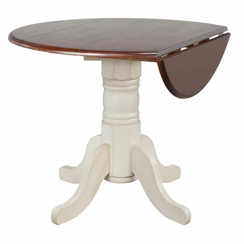 Round Extendable Dining Table 42" Art Deco Style Drop Leaf Table Seats 4 Antique White & Brown Finish - 32