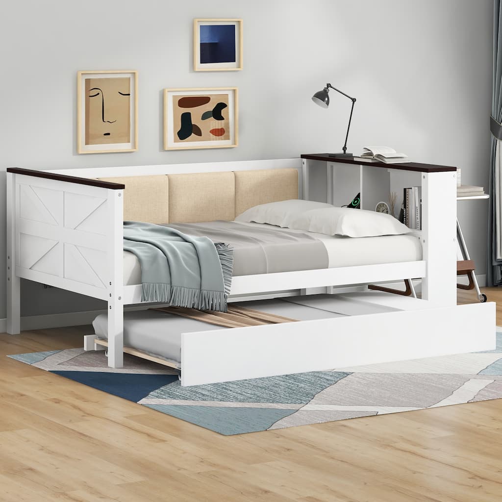 GDFStudio - Modern Wooden Twin Daybed with Storage Shelves, USB and Trundle