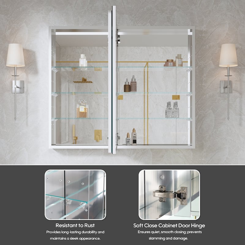 36''W X 30''H Recessed Or Surface Wall Mount Bathroom Medicine Cabinet With Adjustable Glass Shelves