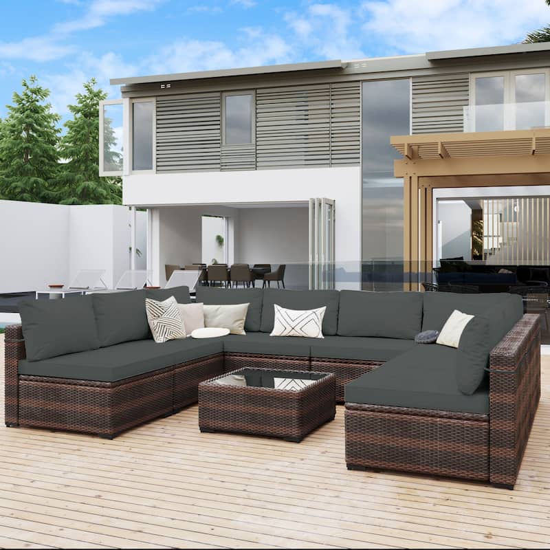 UPHA 9-piece Cushioned Wicker Patio Conversation Seating Set