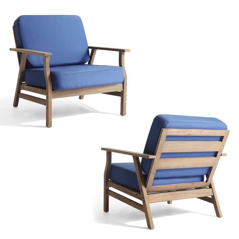 Outdoor Club Chair Patio Wood Arm Chair with Cushion Set of 2
