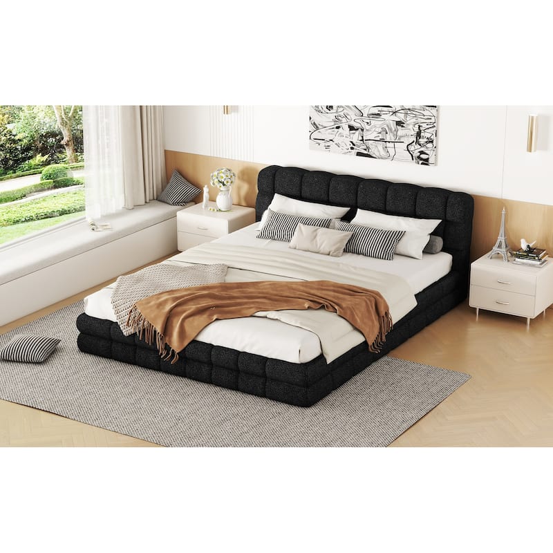 Upholstered Low Profile Bed Frame, Queen Size Platform Bed with Futon Design Headboard and Wooden Slat Support