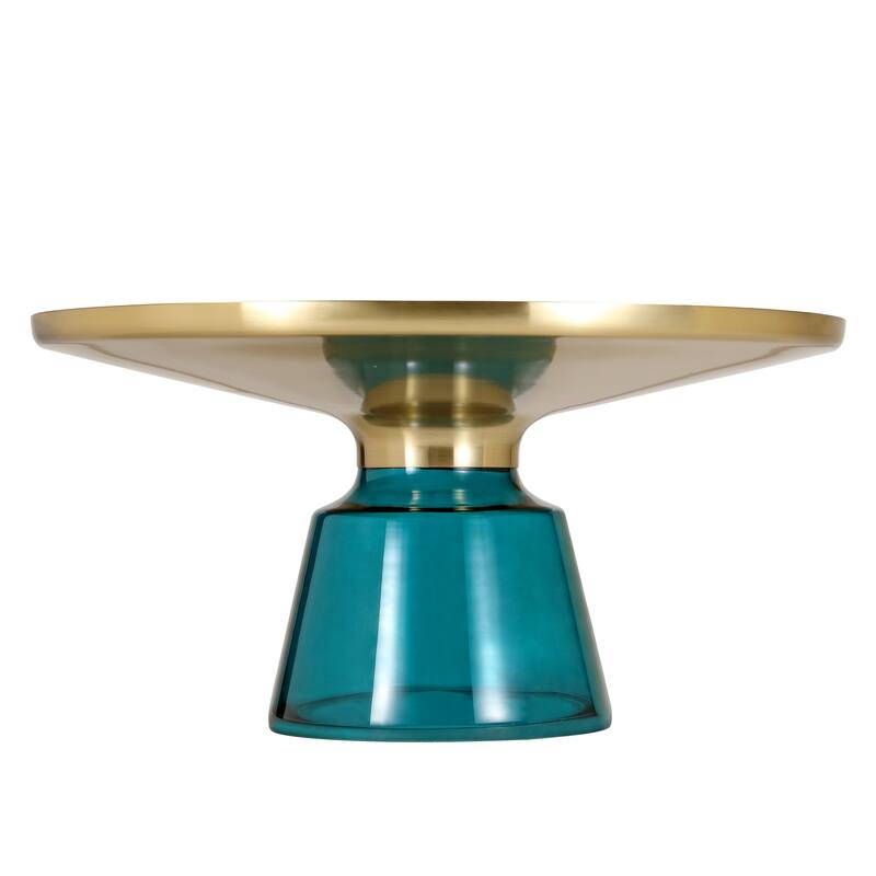 30-Inch Round Coffee Table Glass/Stone Tabletop with Gold Iron Rim Frame Glass Pedestal Base