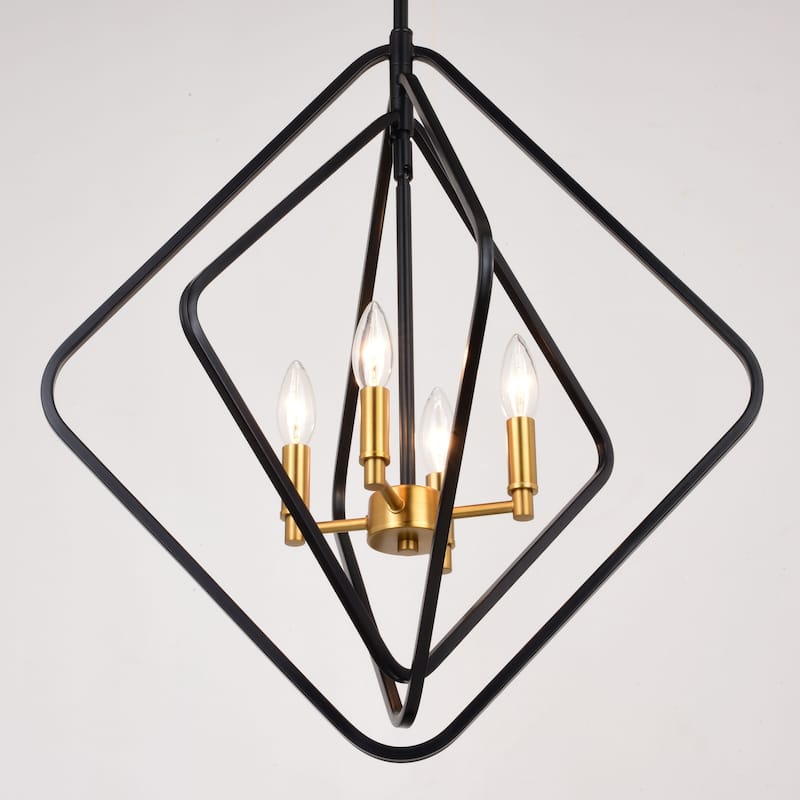 Brady 4 Light Black and Satin Brass Contemporary Geometric Cage Pendant Light - 22-in W x 24.25-in H x 22-in D