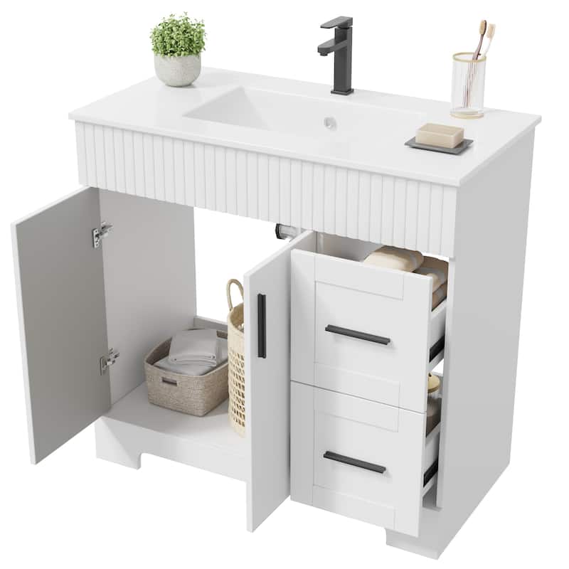 EROMMY Bathroom Vanity with Sink and Faucet, Freestanding Vanity Cabinet with Drawers & Doors, White Ceramic Top
