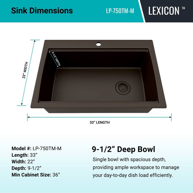 33 Inch Lexicon Platinum Quartz Composite Drop-in Undermount Single Bowl Workstation Galaxy Mocha Kitchen Sink LP-750TM-M