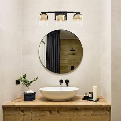 Gatsby 24 in. 3-Light Matte Black Vanity Light with Gold Ombre Shades for Bathrooms