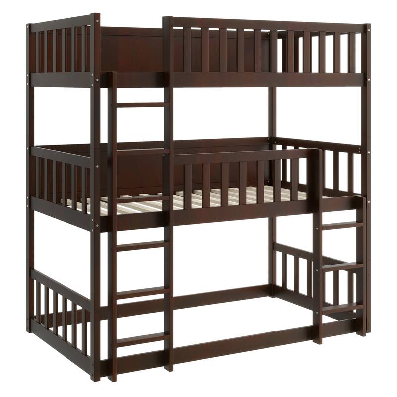 Triple Twin Size Rubber Wood Bunk Bed with Ladders and Guardrails, Detachable, Espresso