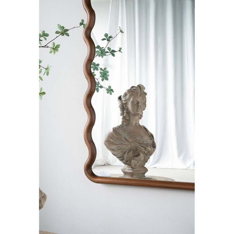 Arch Wall Mirror 55 Inches Height Solid Pine Wood Frame Unique Design - Brown