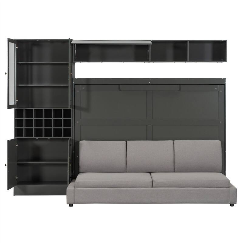 Full/Queen Size Murphy Bed Wall Bed with Sofa, Light and USB Charging, Foldable Murphy Cabinet Bed w/ Storage Shelves & Cabinets