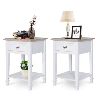 Kinbor Set of 2 Nightstand Bedroom End Table Bedside with Drawer Storage Shelf, Console Table with Mental Handle, White