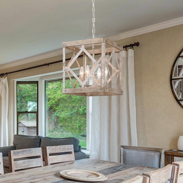 Farmhouse Rustic 4 Light Wood Chandelier Off white Lantern Kitchen