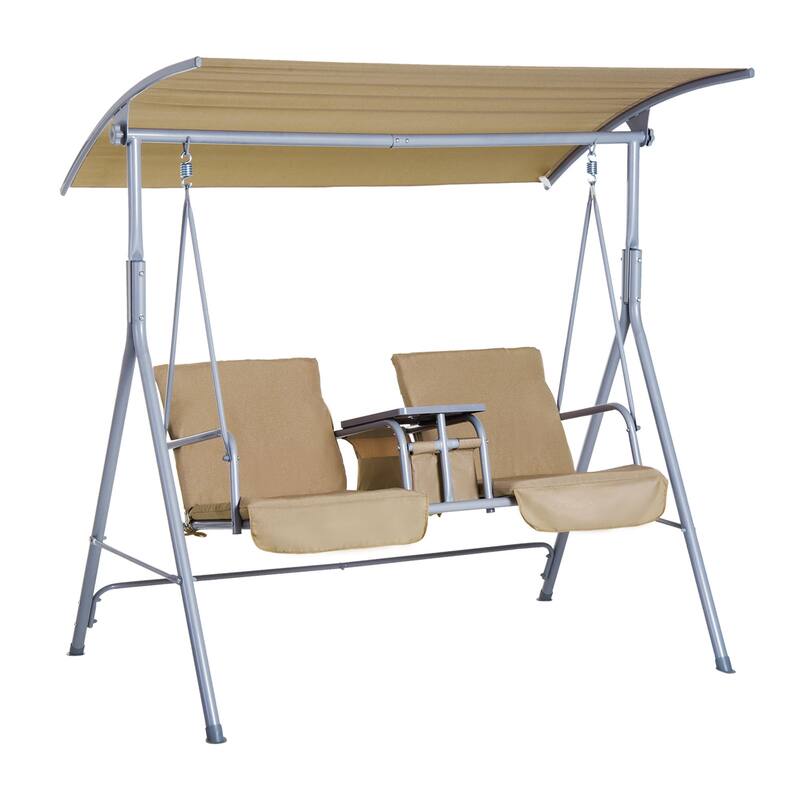 Steel 2-Person Porch Swing with Stand and Canopy - Outdoor Patio Swing with Storage Table and Cup Holders