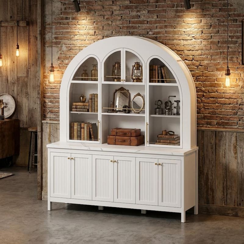 63" Arched Display Cabinet with LED Lights, Modern Buffet Sideboard with Glass Doors, Large Storage Credenza Bookshelves