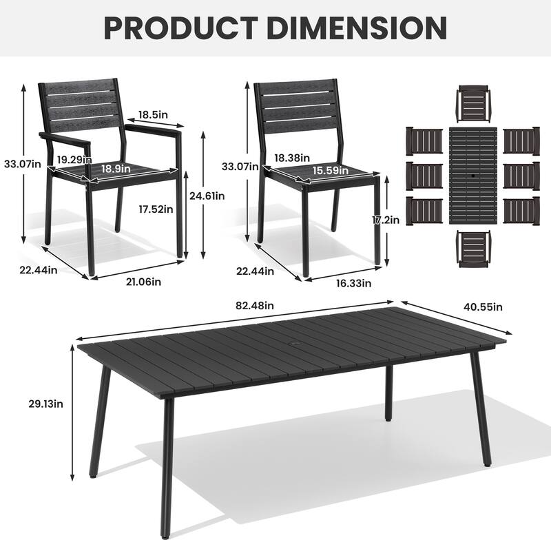 9-Piece Outdoor Patio Dining Set Alumium Umbrella Hole Table with Stackable Chairs