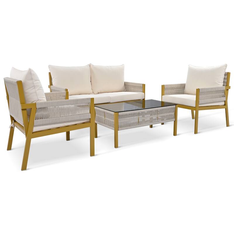 4-Piece Patio Furniture Set, Outdoor Garden Conversation Set with Tempered Glass Table, Deep Seating and Thick Cushion