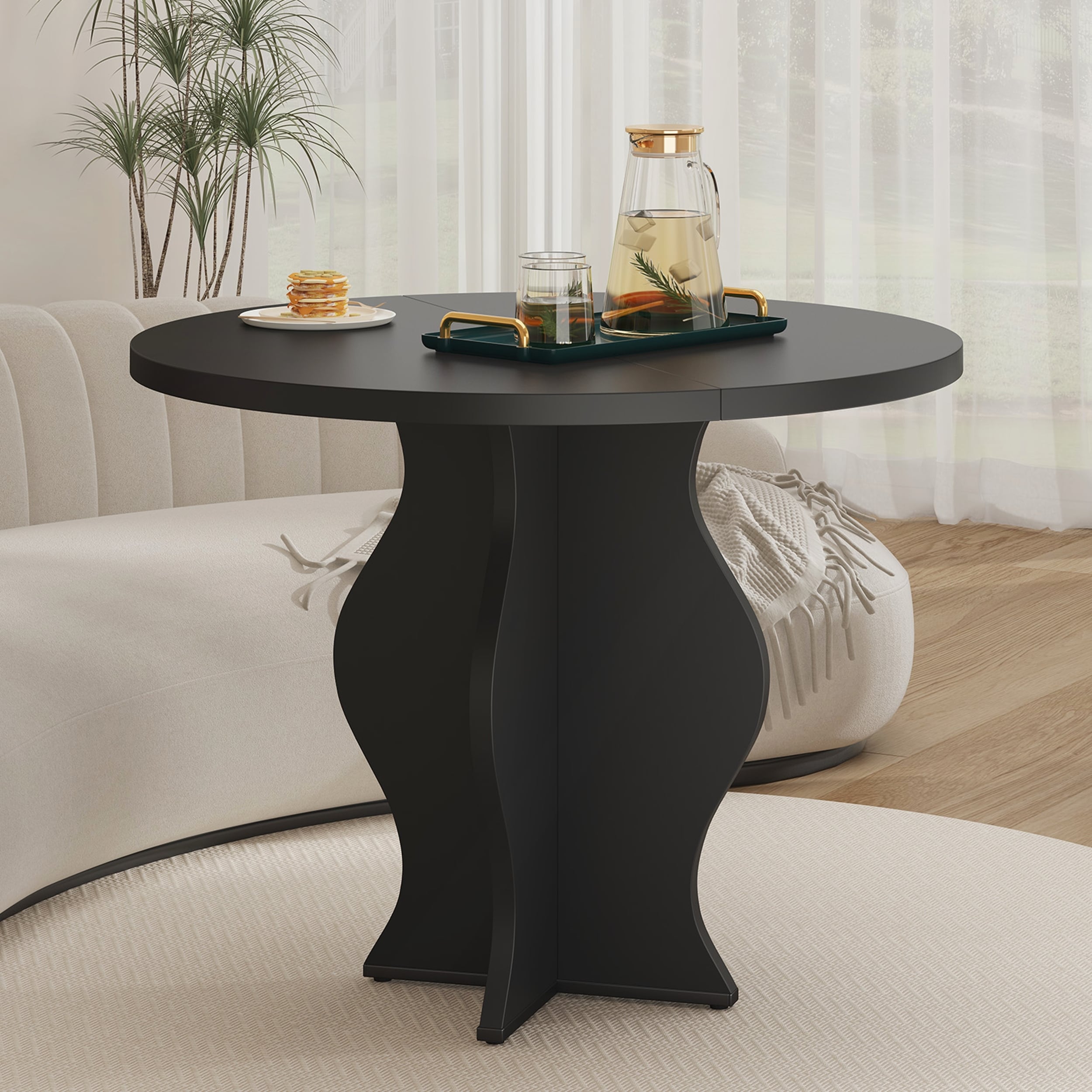 Round Farmhouse Dining Table with Wave Pedestal Base for Compact Spaces and Modern Aesthetics