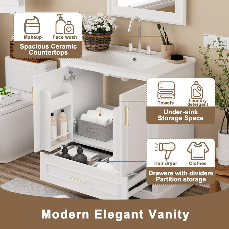 30" Bathroom Vanity with Sink, MDF and Solid Wood Frame, 1 Divider Drawer and 2 Soft-close Doors (Double Shelf on Door)