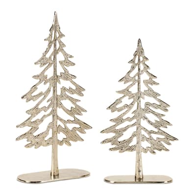 Metal Tree with Wood Base (Set of 2) - N/A