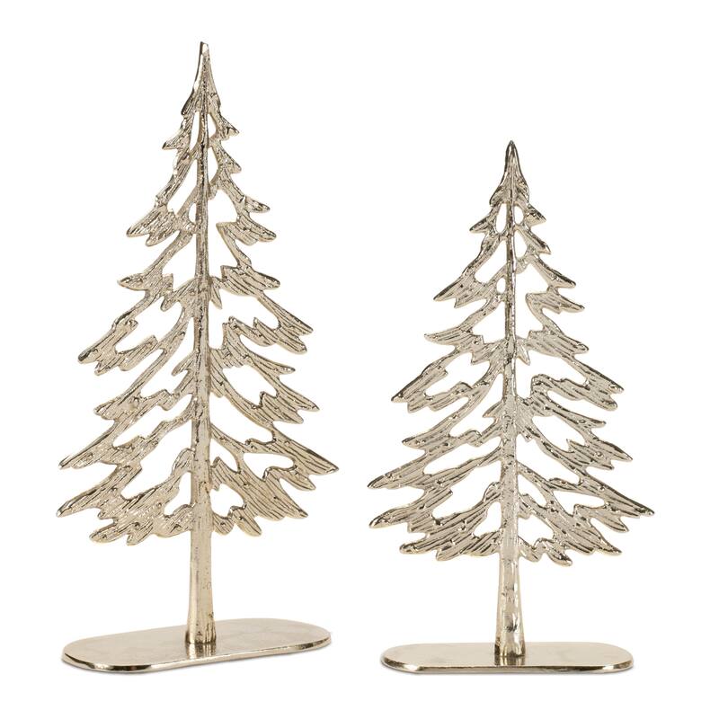 Set of 2 Modern Metal Trees with Wood Base for Christmas Decor - Gold