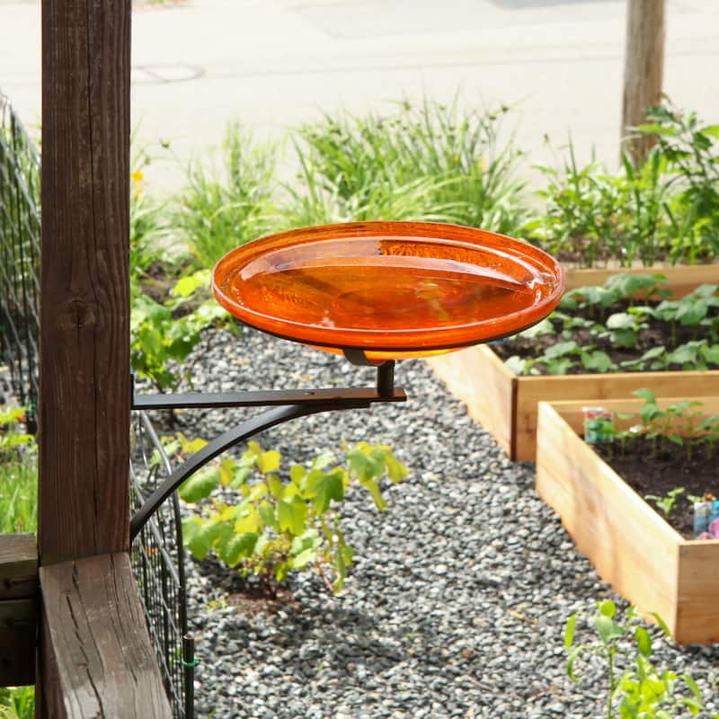 Achla Designs 14"Dia. Round Crackle Glass Birdbath w/Black Wrought Iron Wall Mount Bracket