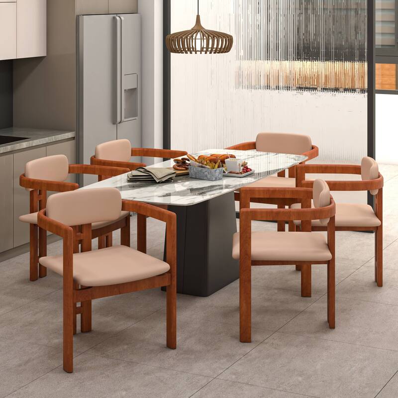 Dining Chairs Upholstered Leather Seats in Rubberwood Set of 4 Arm Chairs Open Back Design