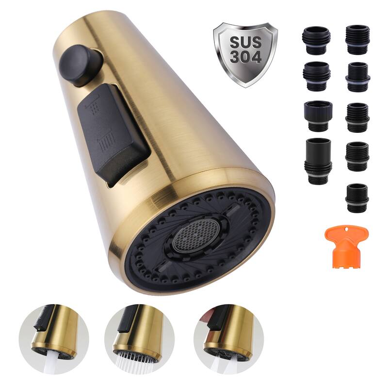 WOWOW Stainless Steel Kitchen Sprayer Head - 3 Modes with 9 Adapters - Brushed Gold