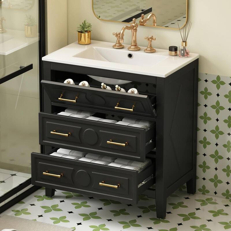 30'' Free Standing Bathroom Vanity Set with Ceramic Sink, 3 Drawers & Solid Wood Frame