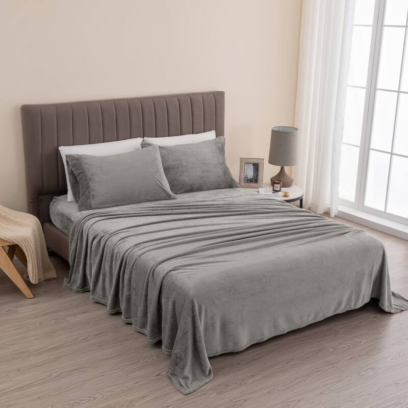 Great Bay Home Extra Soft Cozy Velvet Plush Solid Bed Sheet Set - Grey - King