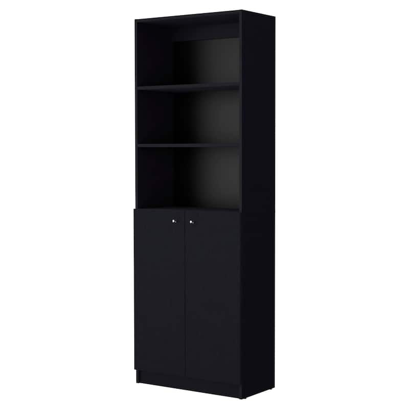 71-Inch Tall Black Wood Bookcase with Doors 5-Tier Vertical Shelf Unit for Organized Storage - 71.1”H x 24.72”W x 11.77”D