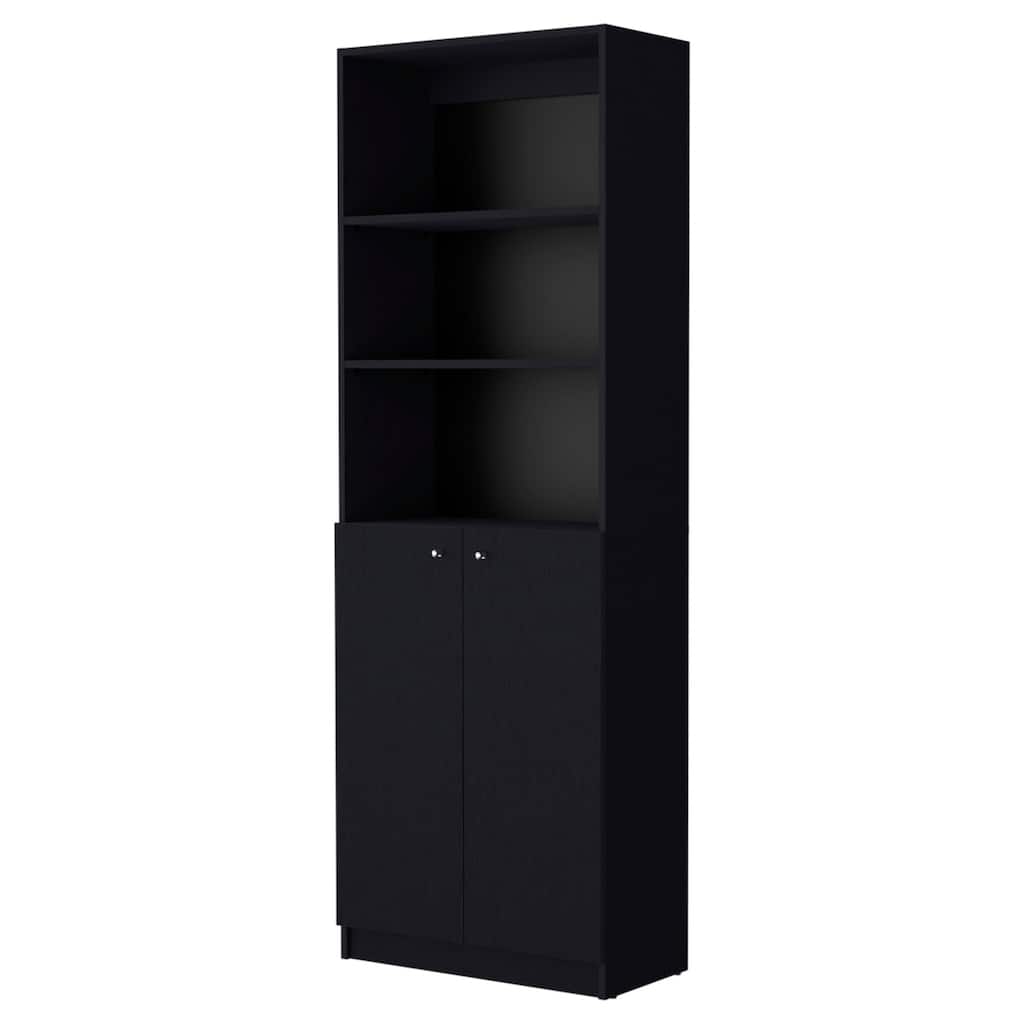 71-Inch Tall Black Wood Bookcase with Doors 5-Tier Vertical Shelf Unit for Organized Storage - 71.1”H x 24.72”W x 11.77”D