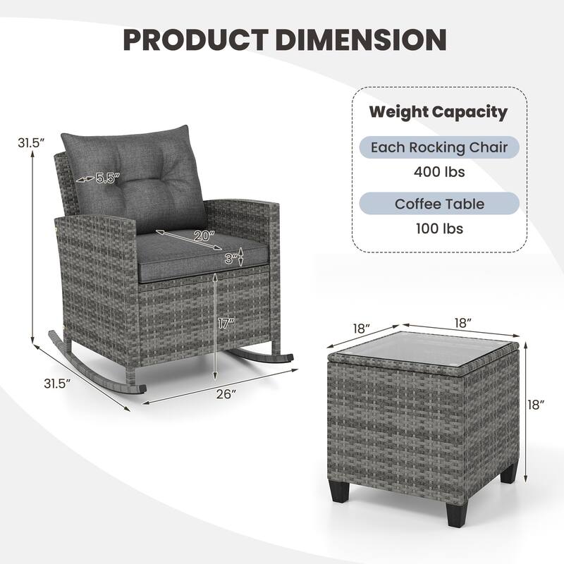 Gymax Set of 3 Wicker Rocking Set Patio w/ Tempered Glass Table & Soft