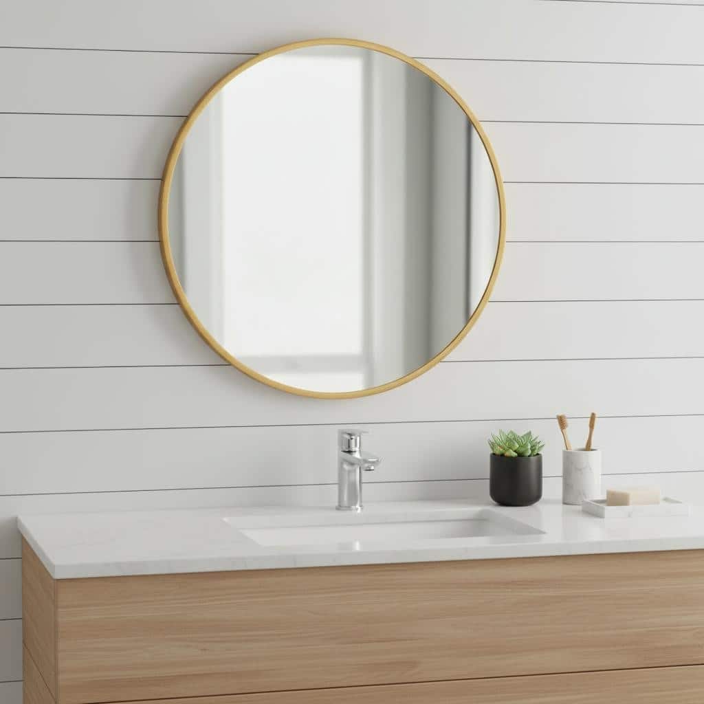 HomeRoots 20" Gold Aluminum Round Framed Bathroom Vanity Mirror - 20.00 in. x 20.00 in. x 1.10 in.