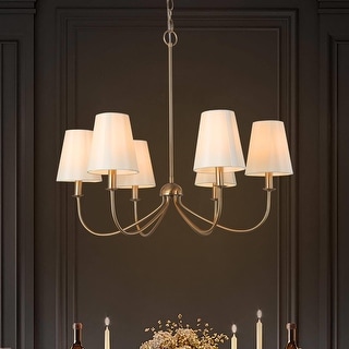Mid-century Modern Gold  6-Light French Candle Chandelier with Fabric Shade for Dining Room - 27" D x 24.5" H