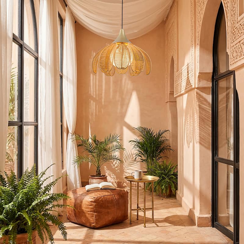 Kamala 1-Light Wicker Outdoor Pendant Light Coastal Boho Style Flower Handwoven