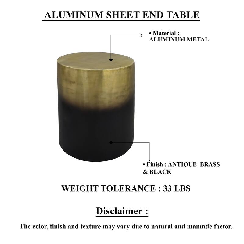 Dyan 20 Inch Side End Table, Round Drum Shape, Black Gold, Antique Brass Ombre