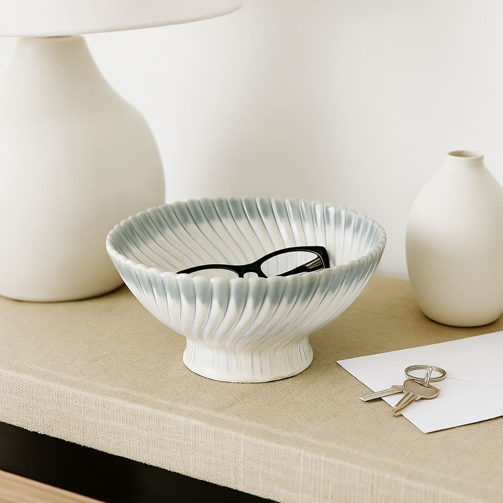 Decorative Ceramic Textured Pedestal Bowl - 10", Blue & White - 10.0"