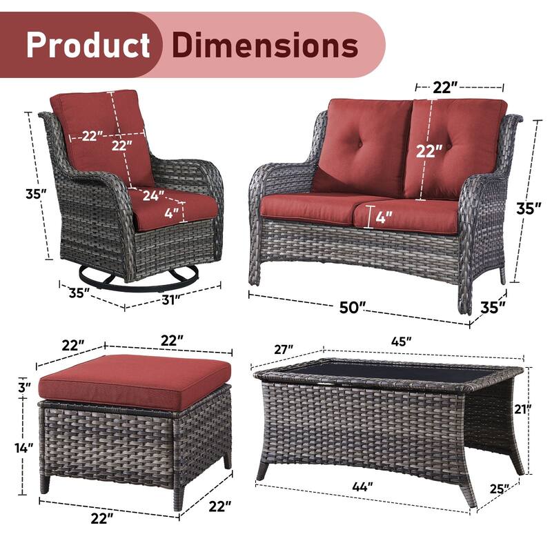 Pocassy Outdoor 4 Inch Sofa Swivel Chairs Table Ottoman