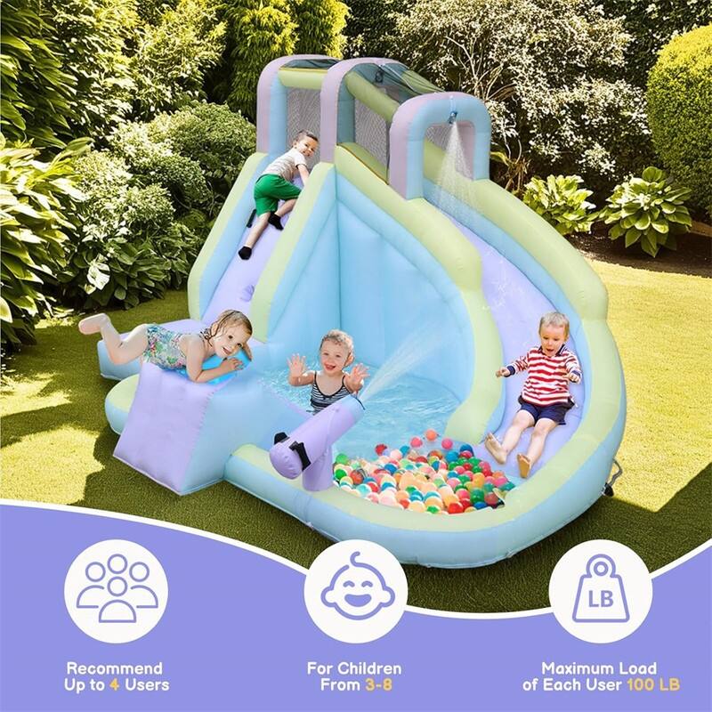 157" L X 118" W Inflatable Bounce House With 550W Air-Blower, Long Water Slide, Surf Slide - N/A