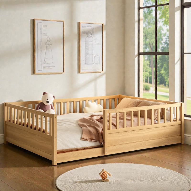Montessori Wooden Floor Bed with High Safety Fence and Door, Pine Kids Floor Bed Frame for Boys and Girls